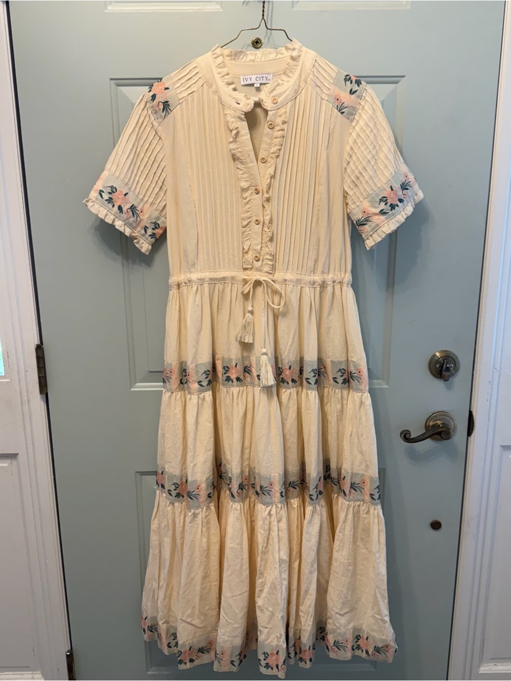 Ivy City Co Cream Maxi Dress with Pink & Green Floral Trim - Picture 6 of 6